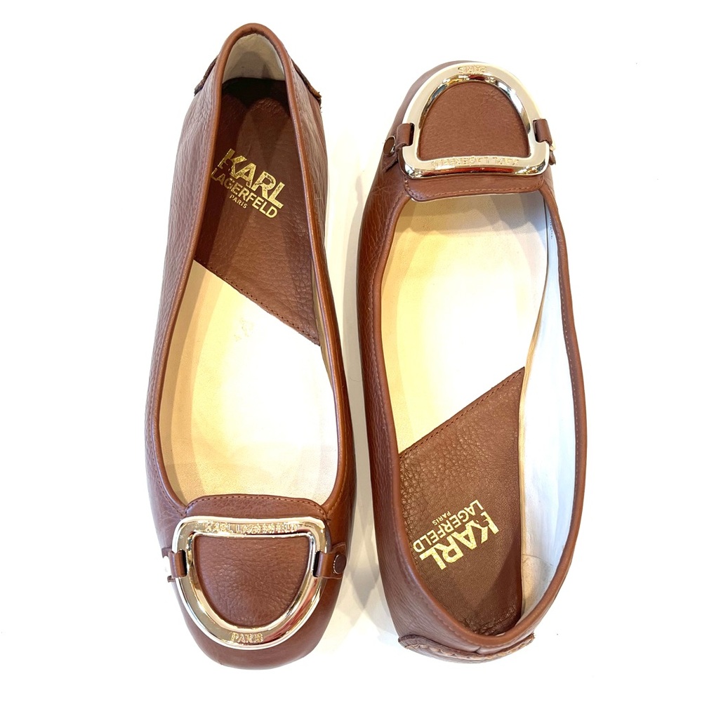 Karl Lagerfeld Vavin Gold Buckle Brown Leather Driving Shoe Ballet Flat 9 EUC